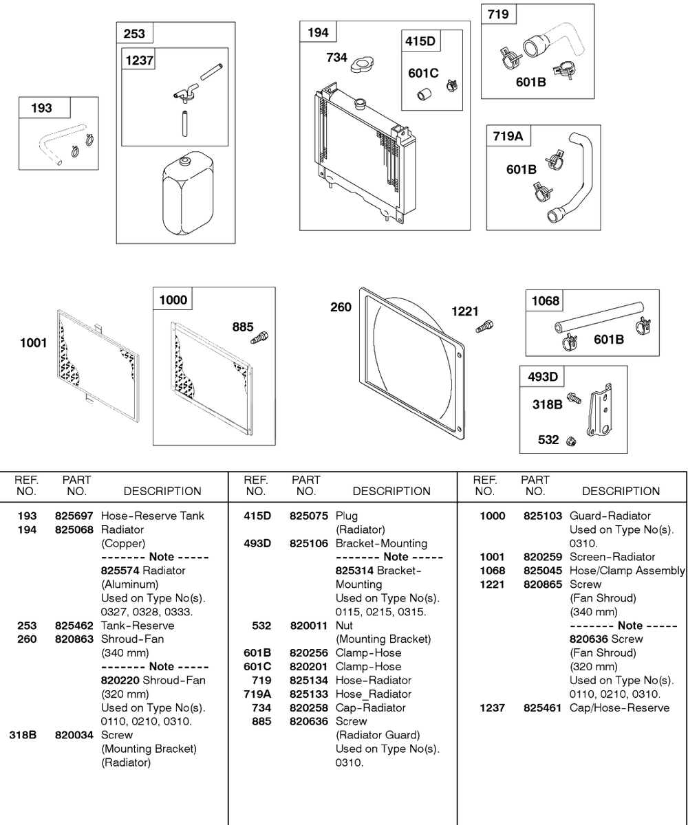 Radiator, Hoses, Mounting Brackets, Screens Diagram and Parts List for 580447-0315-XX  Briggs and Stratton Engine
